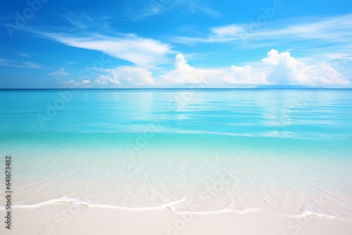 Beautiful sandy beach with white sand and rolling calm wave of turquoise ocean on Sunny day. White clouds in blue sky are reflected in water.  Maldives  perfect scenery landscape  copy  Generative AI