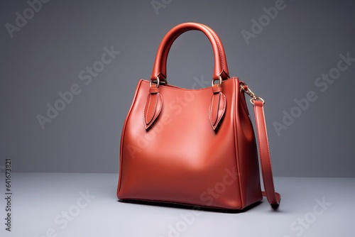 Beautiful trendy smooth youth women's handbag in bright terracotta color on a gray studio background. AI generated, Generative AI