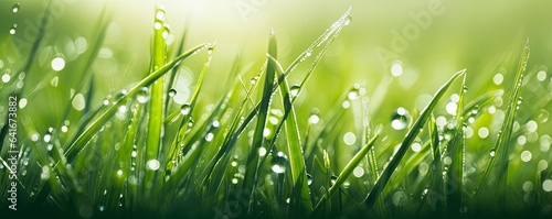 Juicy lush green grass on meadow with drops of water dew in morning light in spring summer outdoors close-up macro, panorama. Beautiful artistic image, Generative AI