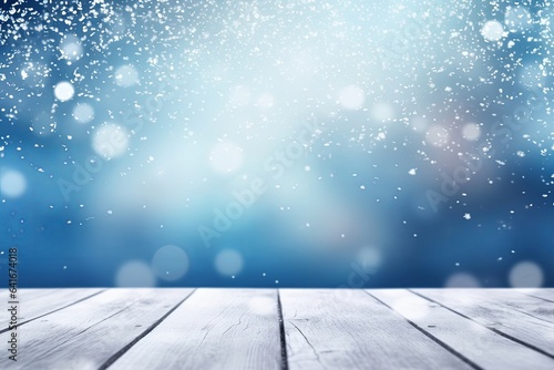 Beautiful winter snowy blurred defocused blue background and empty wooden flooring. Flakes of snow fall and sparkle on light, copy space, Generative AI © Picture Perfection