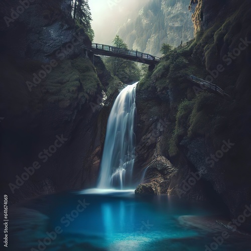 A waterfall in the mountains with a blue pool and a bridge in the foreground