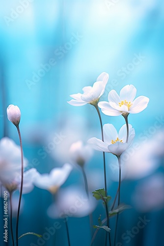 Spring forest white flowers primroses on a beautiful blue background. Macro. Blurred gentle sky-blue background. Floral background desktop wallpaper a, Generative AI
