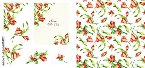 Set of floral design elements with buds and leaves. Watercolor illustration