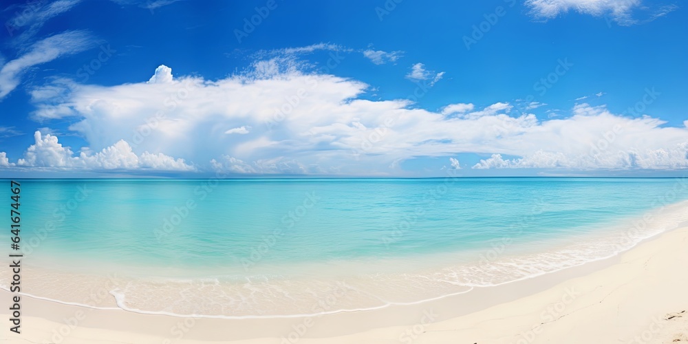 Beautiful beach with white sand, turquoise ocean and blue sky with clouds in sunny day. Panoramic view. Natural background for summer vacation, Generative AI