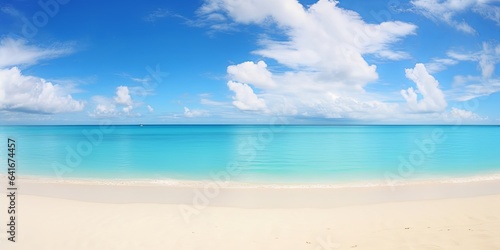 Beautiful beach with white sand, turquoise ocean and blue sky with clouds in sunny day. Panoramic view. Natural background for summer vacation, Generative AI