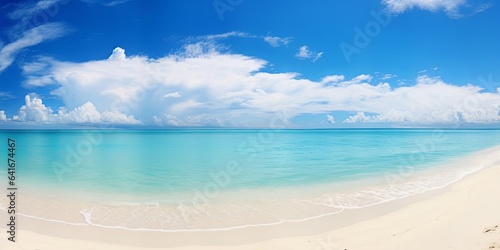 Beautiful beach with white sand, turquoise ocean and blue sky with clouds in sunny day. Panoramic view. Natural background for summer vacation, Generative AI