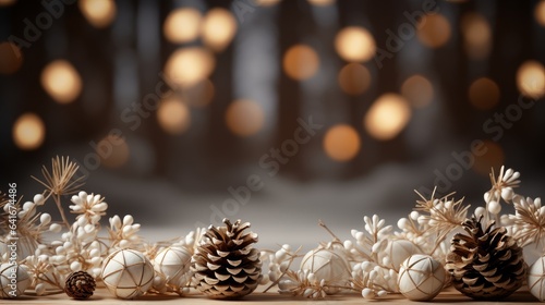 Christmas background with pine cones and lights. AI generated