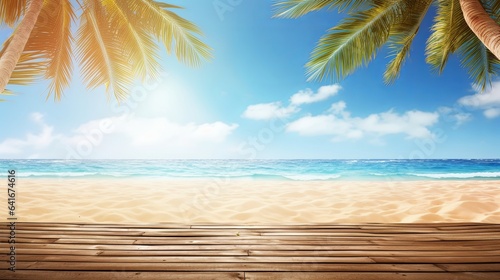 Summer panoramic landscape  nature of tropical beach with wooden platform  sunlight. Golden sand beach  palm trees  sea water against blue sky with white clouds. Copy space  Generative AI