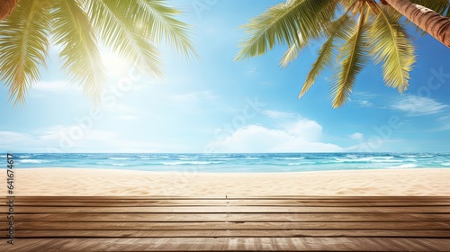 Summer panoramic landscape, nature of tropical beach with wooden platform, sunlight. Golden sand beach, palm trees, sea water against blue sky with white clouds. Copy space, Generative AI