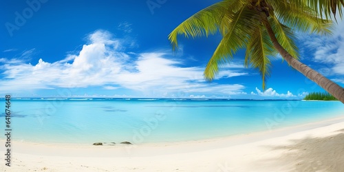 Beautiful beach with white sand  turquoise ocean  blue sky with clouds and palm tree over the water on a Sunny day. Maldives  perfect tropical landscape  ultra wide  Generative AI