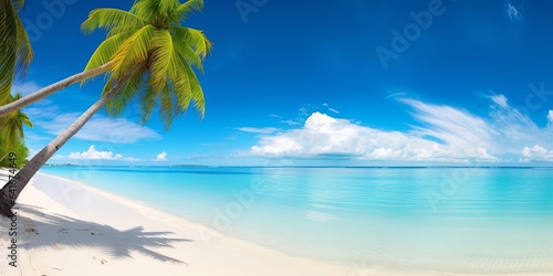 Beautiful beach with white sand  turquoise ocean  blue sky with clouds and palm tree over the water on a Sunny day. Maldives  perfect tropical landscape  ultra wide  Generative AI