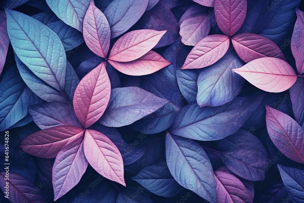 Natural macro texture of beautiful leaves toned in blue and purple pink tones. Flat lay, Generative AI