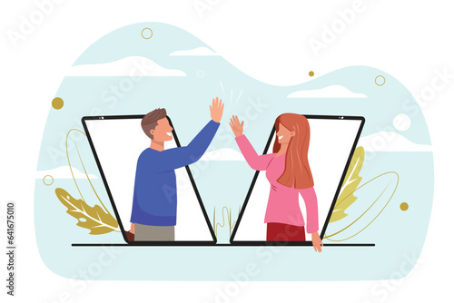 Man and woman from cellphones celebrating and giving each other high five.