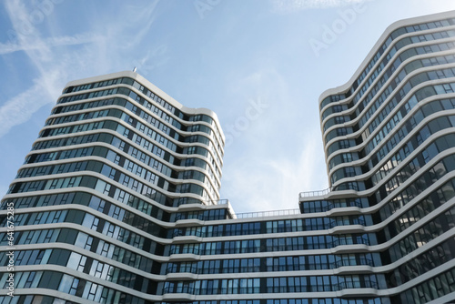 Modern corporate buildings against the blue sky. High-rise buildings in the Istanbul region. Blue skyscrapers of the business center