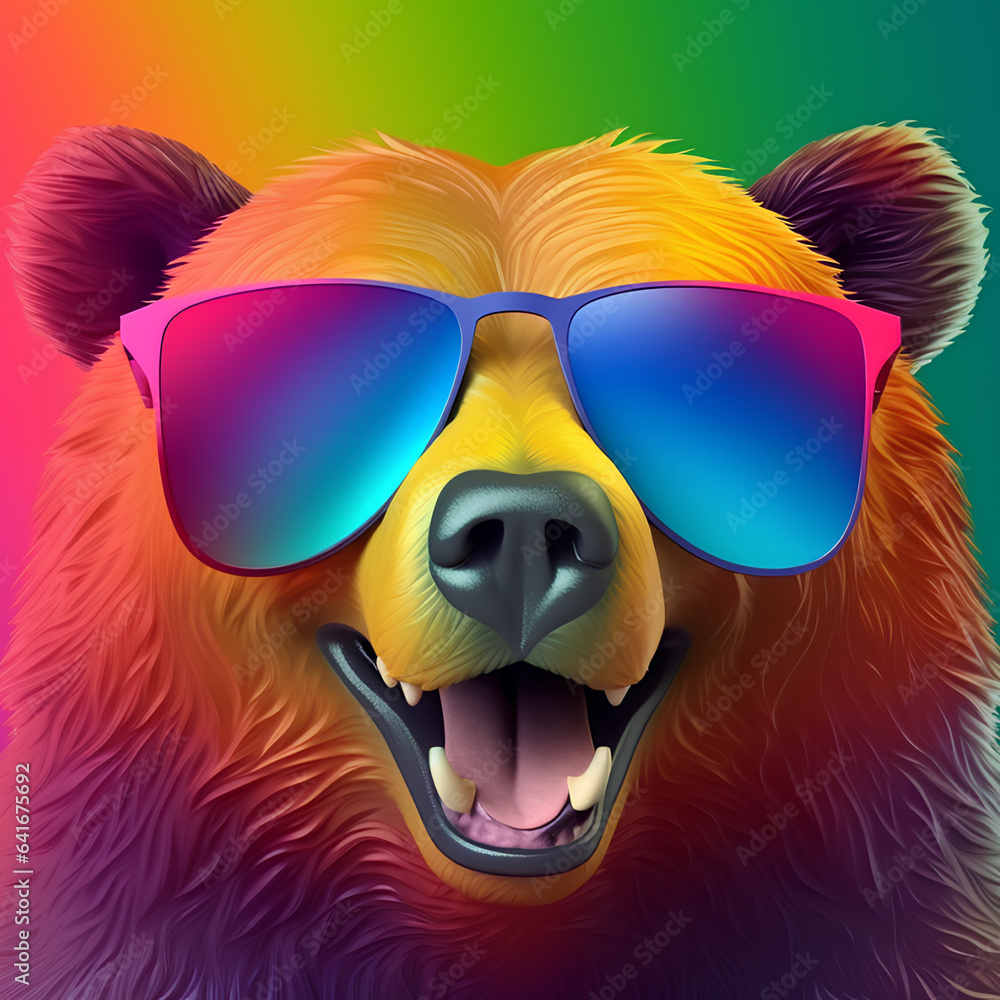 Adorable cute brown bear in cool funky shades, minimalist background, generative AI