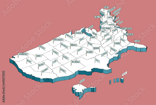 Isometric hand drawn map of the USA. 3D Line and color vector. 50 states with labels