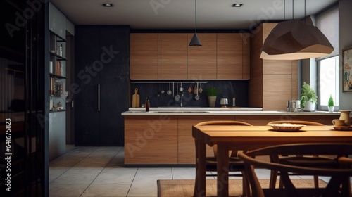 Rustic style kitchen interior design  colored furniture with wood elements  warm background. AI generated.