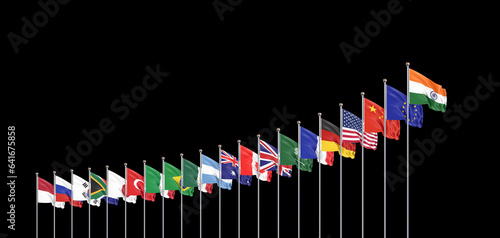 20 flags. G20 summit is the upcoming eighteenth meeting of Group of Twenty, New Delhi, India in 2023. Black background. 3d Illustration.