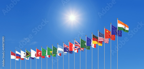 20 flags. G20 summit is the upcoming eighteenth meeting of Group of Twenty, New Delhi, India in 2023. Sky background. 3d Illustration.