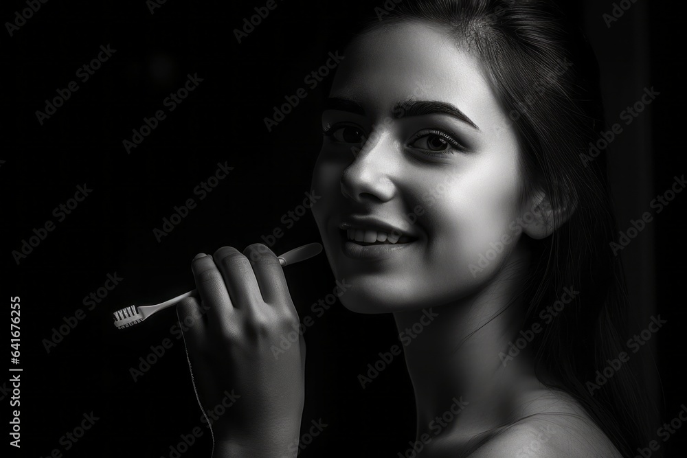 Obraz premium Close-up portrait photography of a glad girl in her 30s brushing her teeth with a toothbrush against a matte black background. With generative AI technology
