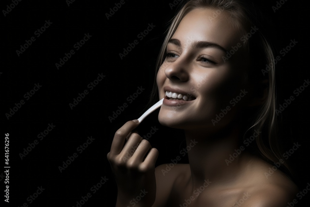 Obraz premium Close-up portrait photography of a glad girl in her 30s brushing her teeth with a toothbrush against a matte black background. With generative AI technology