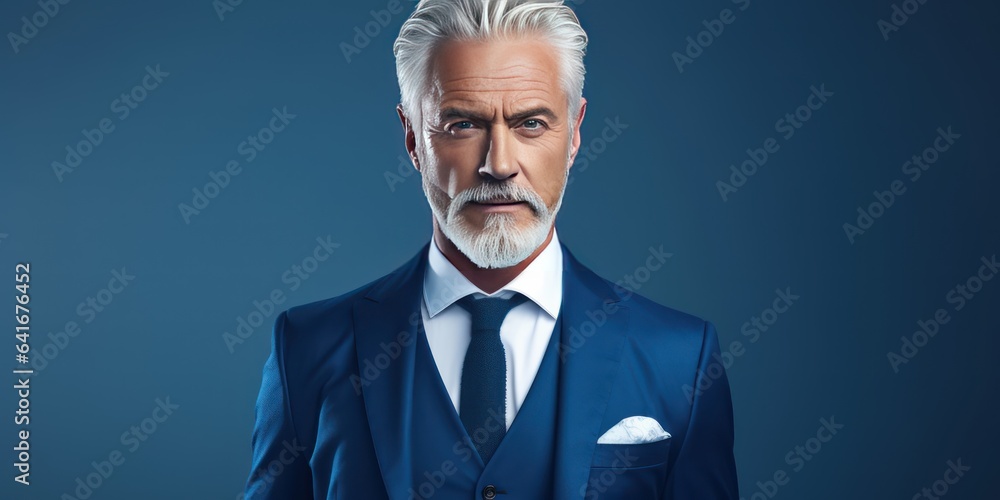 Close-up portrait of a serious grey haired middle aged man in a blue suit. Photo with copy space. Man over blue background looking at camera. - obrazy, fototapety, plakaty 