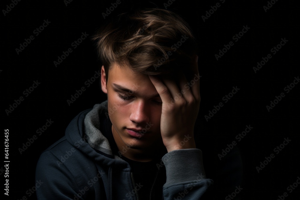 Lifestyle portrait photography of a glad boy in his 20s holding the hand on the forehead in a headache gesture against a matte black background. With generative AI technology Lifestyle portrait photography of a glad boy in his 20s holding the hand on the forehead in a headache gesture against a matte black background. With generative AI technology