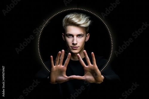 Lifestyle portrait photography of a beautiful boy in his 20s forming a circle with the fingers to say perfect against a matte black background. With generative AI technology © Markus Schröder