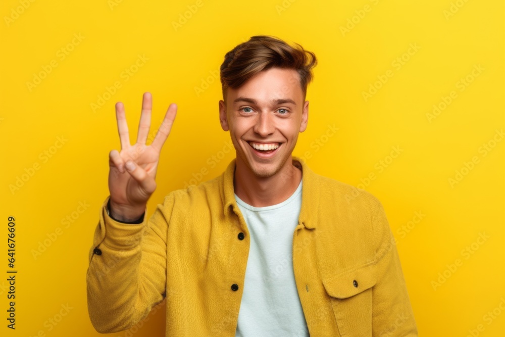 Medium shot portrait photography of a grinning boy in his 30s making an ok gesture with the fingers against a bright yellow background. With generative AI technology Medium shot portrait photography of a grinning boy in his 30s making an ok gesture with the fingers against a bright yellow background. With generative AI technology