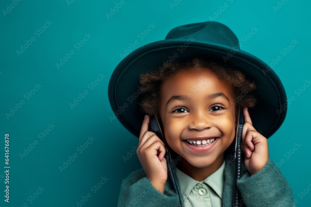 Headshot portrait photography of a joyful kid female making a telephone call gesture with the hand against a teal blue background. With generative AI technology Headshot portrait photography of a joyful kid female making a telephone call gesture with the hand against a teal blue background. With generative AI technology