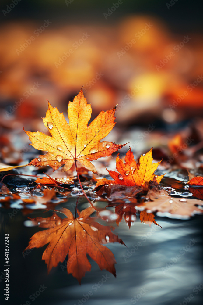 Autumn maple leaves with water drops on wet surface. Selective focus.