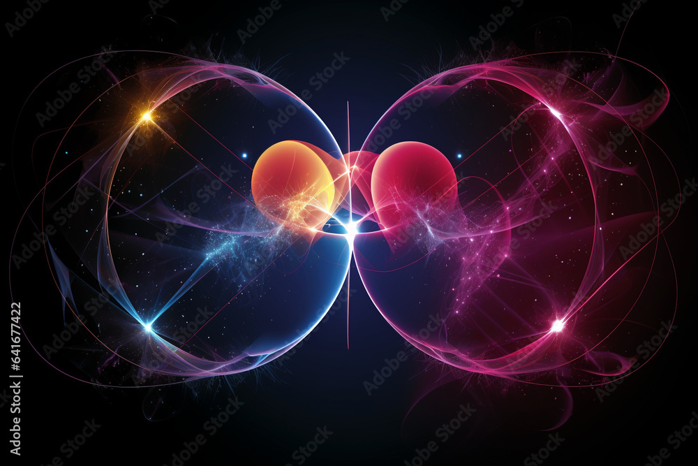 Abstract representation of energy exchange between particles, embodying the dynamic movement and transformation inherent in the nature of love, love and creation - obrazy, fototapety, plakaty 