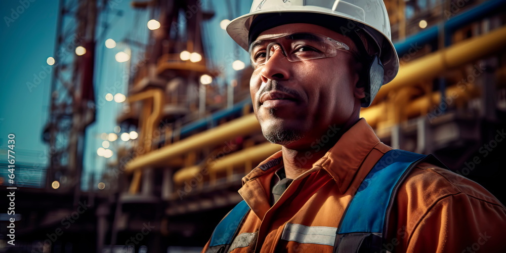 oil rig worker on a platform in the middle of the ocean, with industrial equipment in the background.