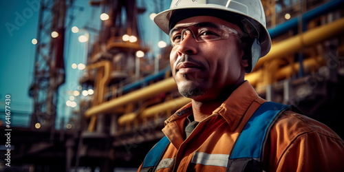 oil rig worker on a platform in the middle of the ocean, with industrial equipment in the background. © Maximusdn