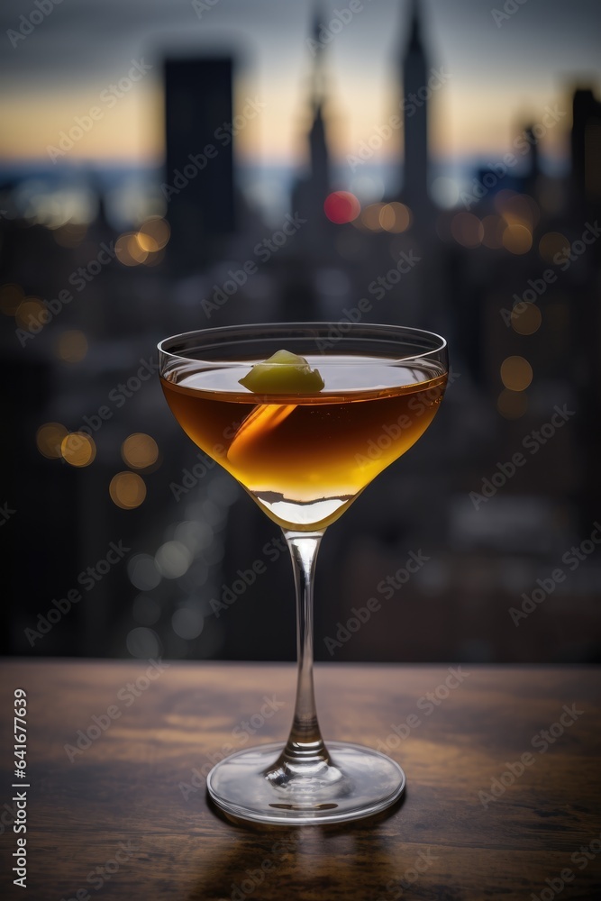 Manhattan cocktail. Alcohol drink at the background of a city. Generative Ai