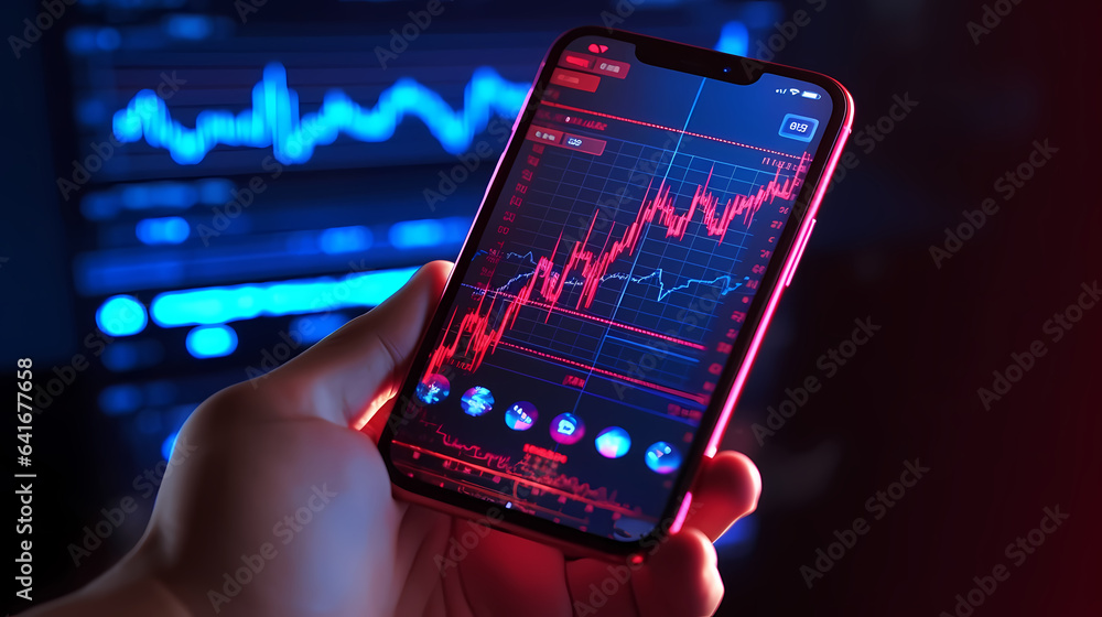 close up Red forex trading graphic down on the smartphone - obrazy, fototapety, plakaty 