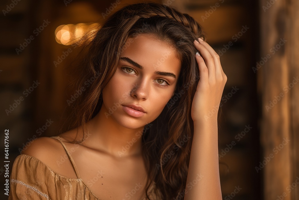Close-up portrait photography of a glad girl in her 20s holding the hand on the forehead in a headache gesture against a rustic brown background. With generative AI technology Close-up portrait photography of a glad girl in her 20s holding the hand on the forehead in a headache gesture against a rustic brown background. With generative AI technology