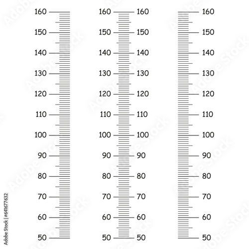 Kids height charts from 50 to 160 centimeters. Template for wall growth sticker isolated on a white background. Vector illustration. Meter wall or growth ruler. Stadiometer scale set. Eps icons.