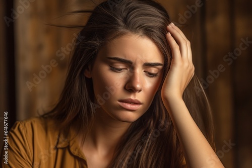 Close-up portrait photography of a glad girl in her 20s holding the hand on the forehead in a headache gesture against a rustic brown background. With generative AI technology