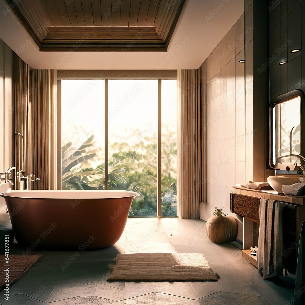 A bathroom with a tub and a window in the background