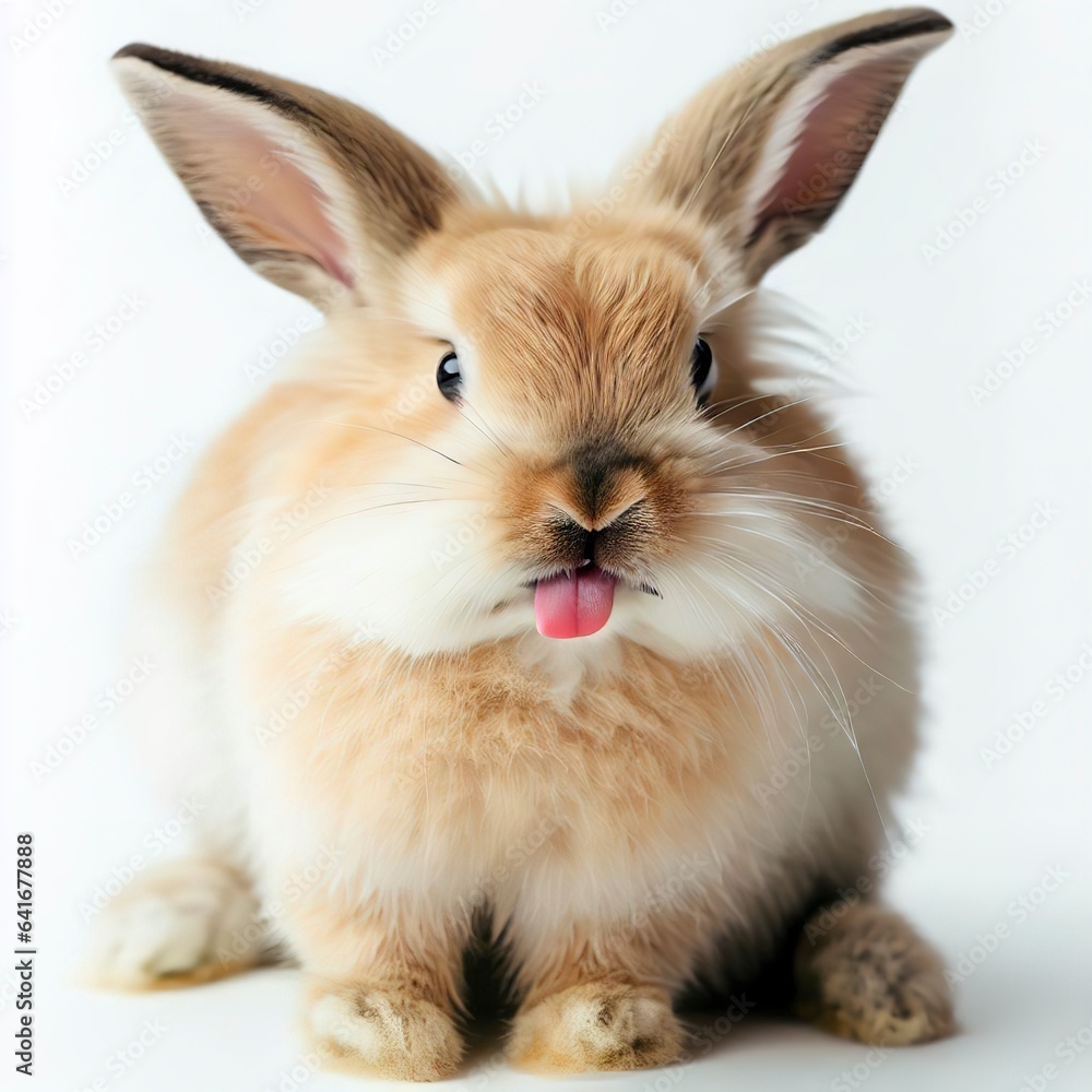 A rabbit with a pink tongue is sitting on a white background A rabbit with a pink tongue is sitting on a white background