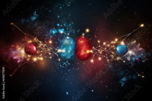 Visualization of the exchange of atoms and molecules in a chemical reaction, symbolizing the transformative power of love's influence, love and creation