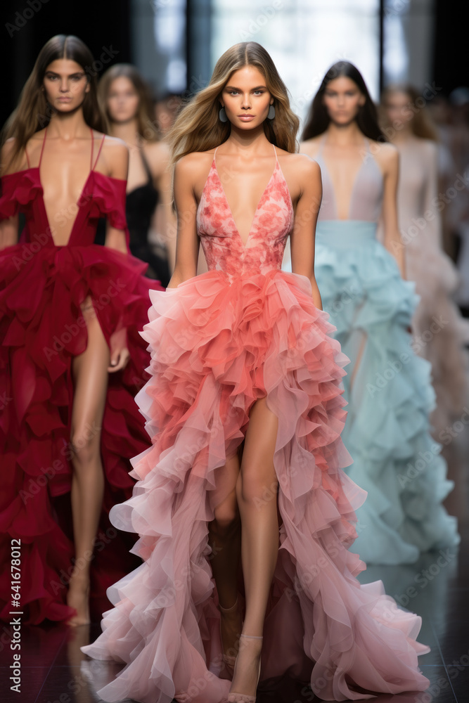 A runway filled with models showcasing the latest trends in haute couture at a glamorous September Fashion Week event A runway filled with models showcasing the latest trends in haute couture at a glamorous September Fashion Week event