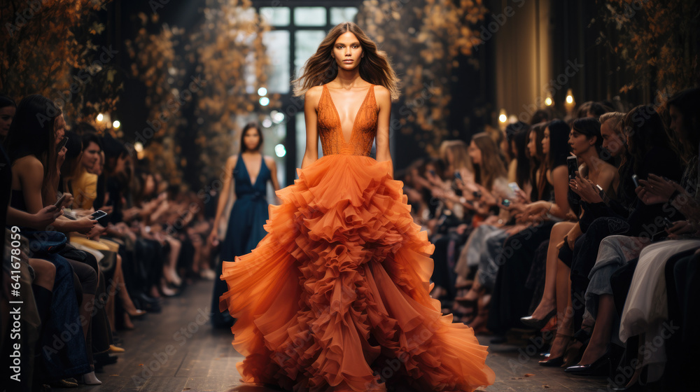 A runway filled with models showcasing the latest trends in haute couture at a glamorous September Fashion Week event  - obrazy, fototapety, plakaty 