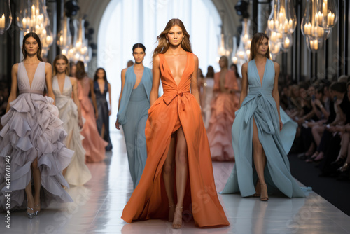 A runway filled with models showcasing the latest trends in haute couture at a glamorous September Fashion Week event 