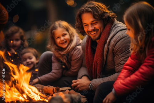 Families gather around a bonfire adorned in colorful scarves celebrating the arrival of autumn with cheerful music and delicious treats 