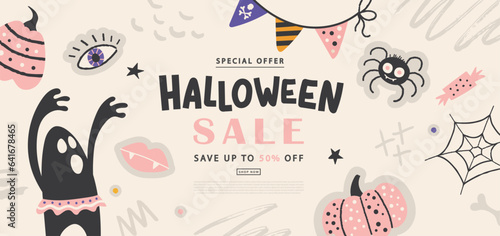Halloween sale banner with cute elements.Background with funny boogeyman, puck, pumpkins, candy and others.Vector illustration