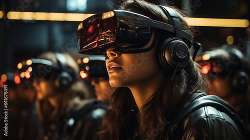 Portrait of a beautiful young woman wearing virtual reality goggles in a dark room.
