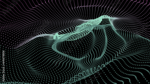 Energy net flows. Dot particle lines penetrating fog. Neon lights plexus of knots. Curved node row space infinity. Linking funnel universe parameters. Background information technology presentation.