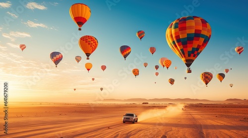  a car driving through a desert filled with hot air balloons. generative ai